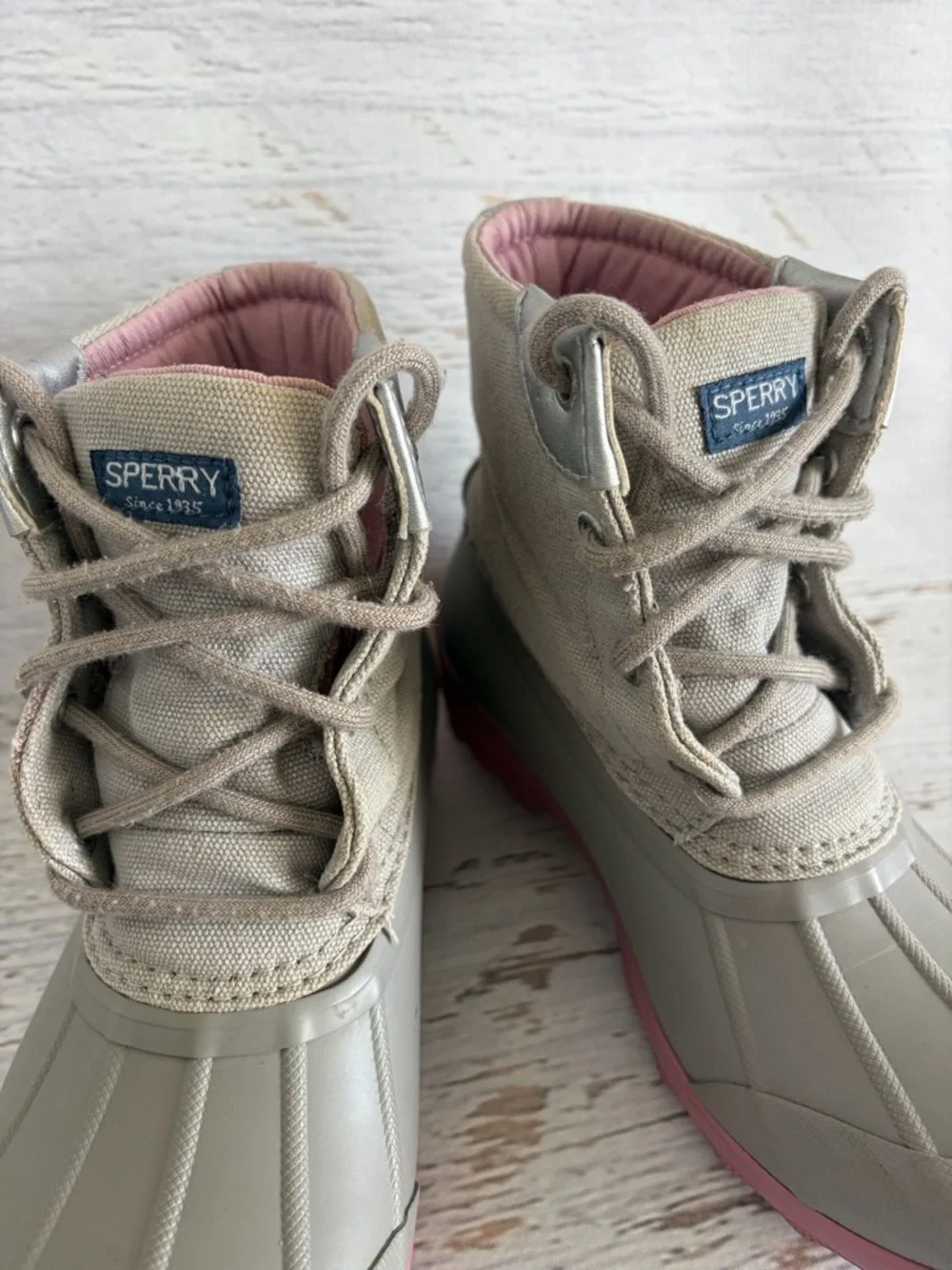 Sperry Port Pink and Grey Duck Boots